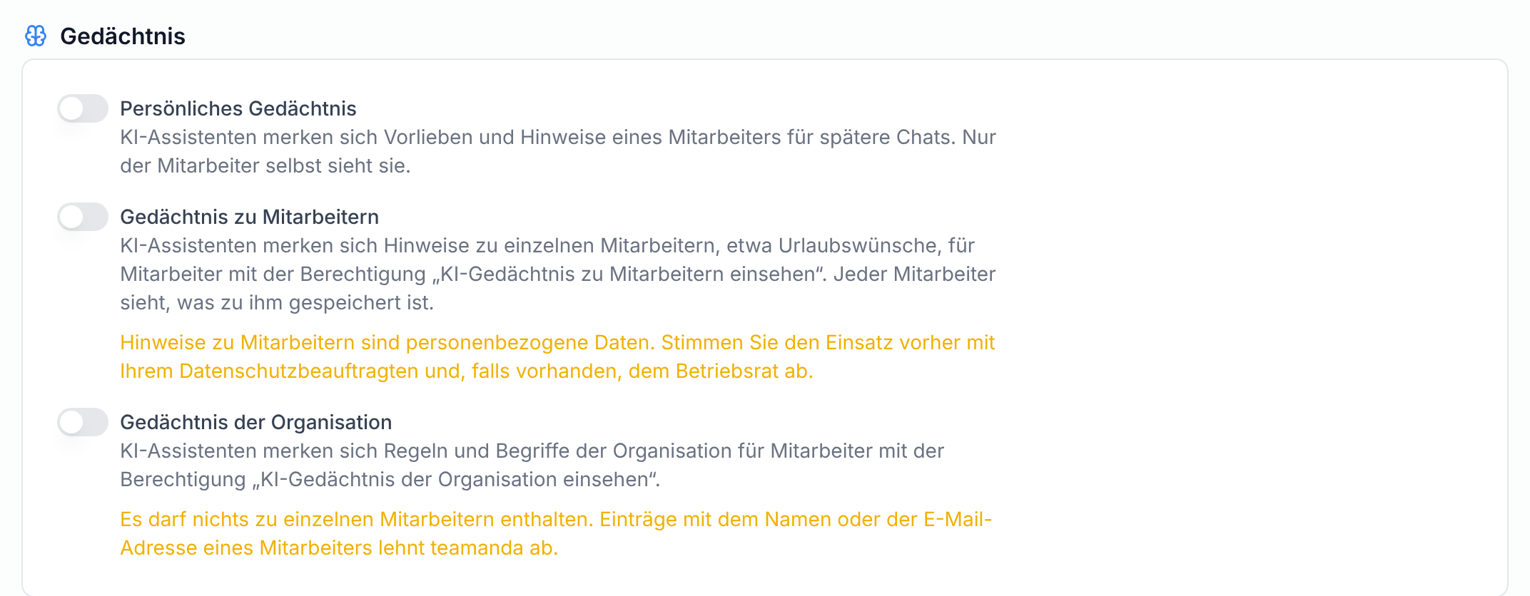 Die Karte Gedächtnis mit den drei Schaltern