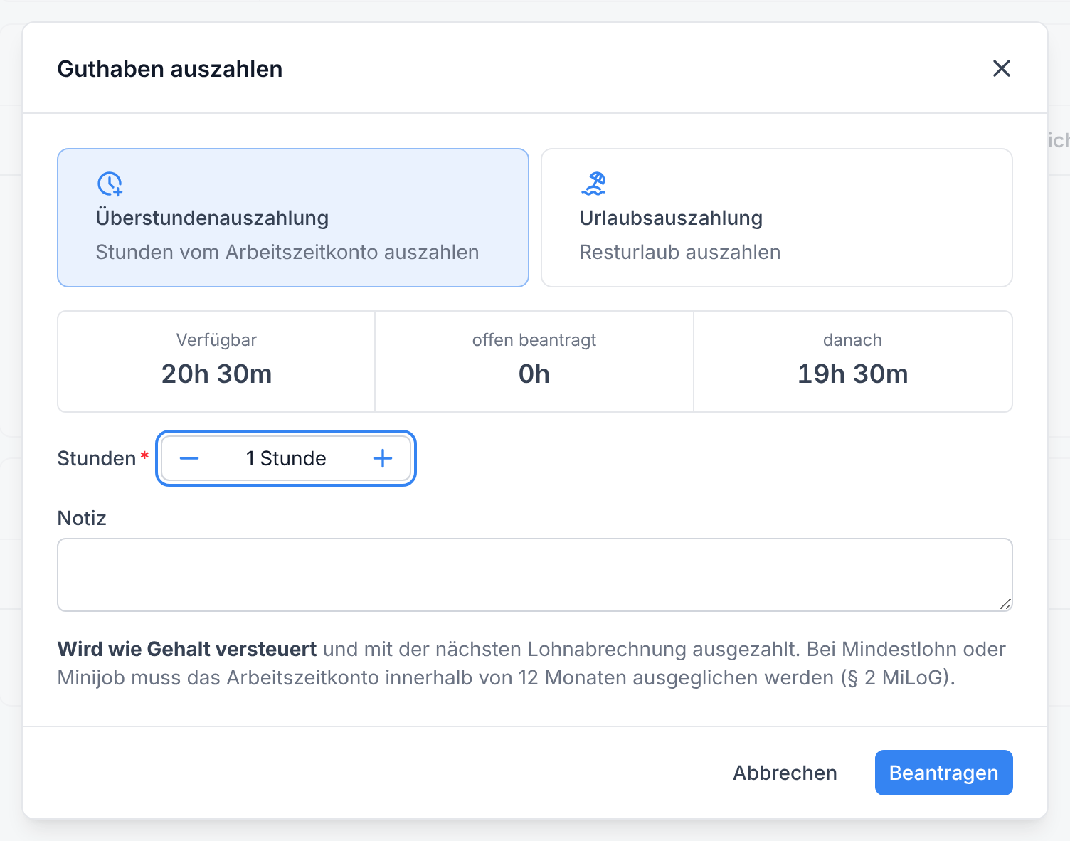 Der Dialog Guthaben auszahlen mit Überstunden