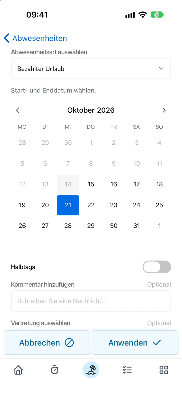 Der Antrag für Bezahlter Urlaub an einem Tag mit dem Schalter Halbtags in der App