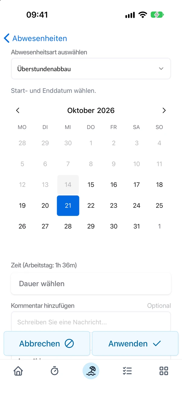 Der Antrag für Überstundenabbau an einem Tag mit dem Feld Zeit in der App
