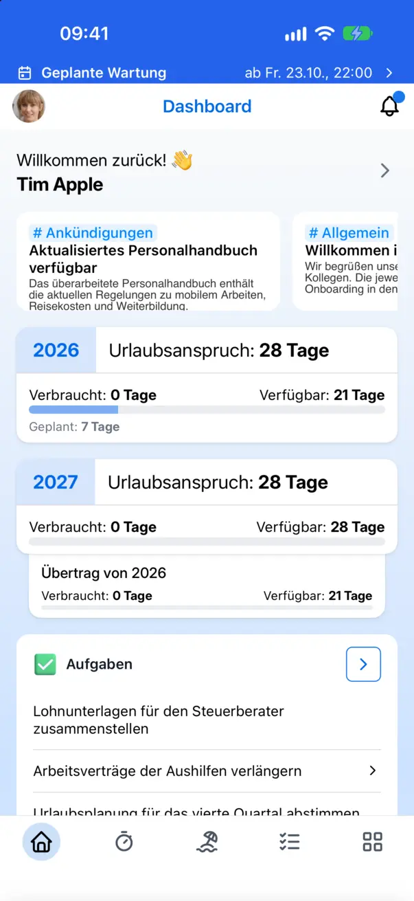 Die Ankündigung einer geplanten Wartung oben in der App