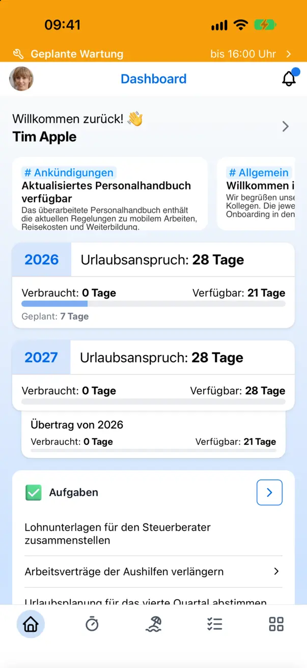 Das Banner einer laufenden Wartung oben in der App