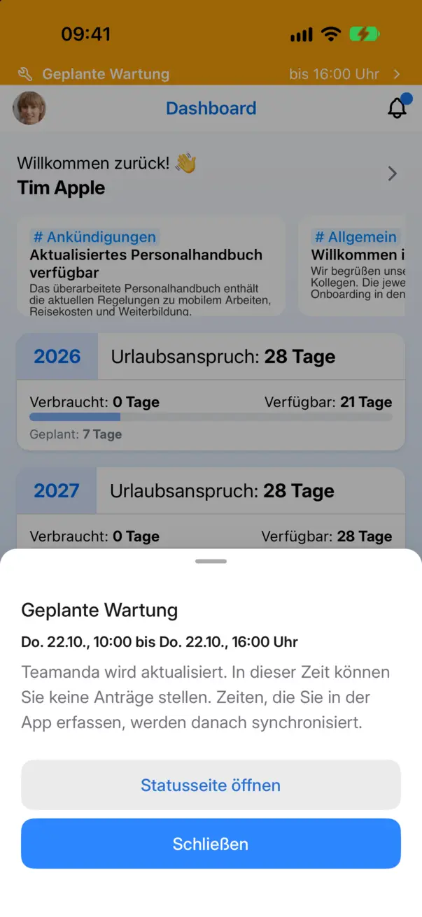 Die Details einer Wartung mit Zeitraum, Beschreibung und Link