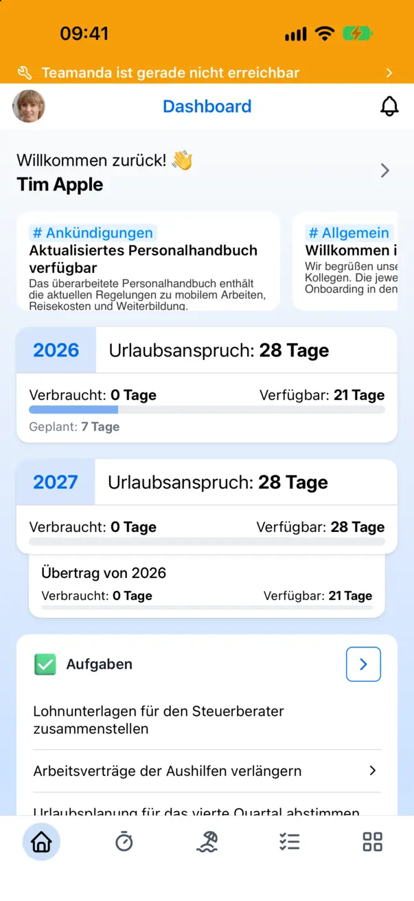 Der Störungshinweis Teamanda ist gerade nicht erreichbar oben in der App