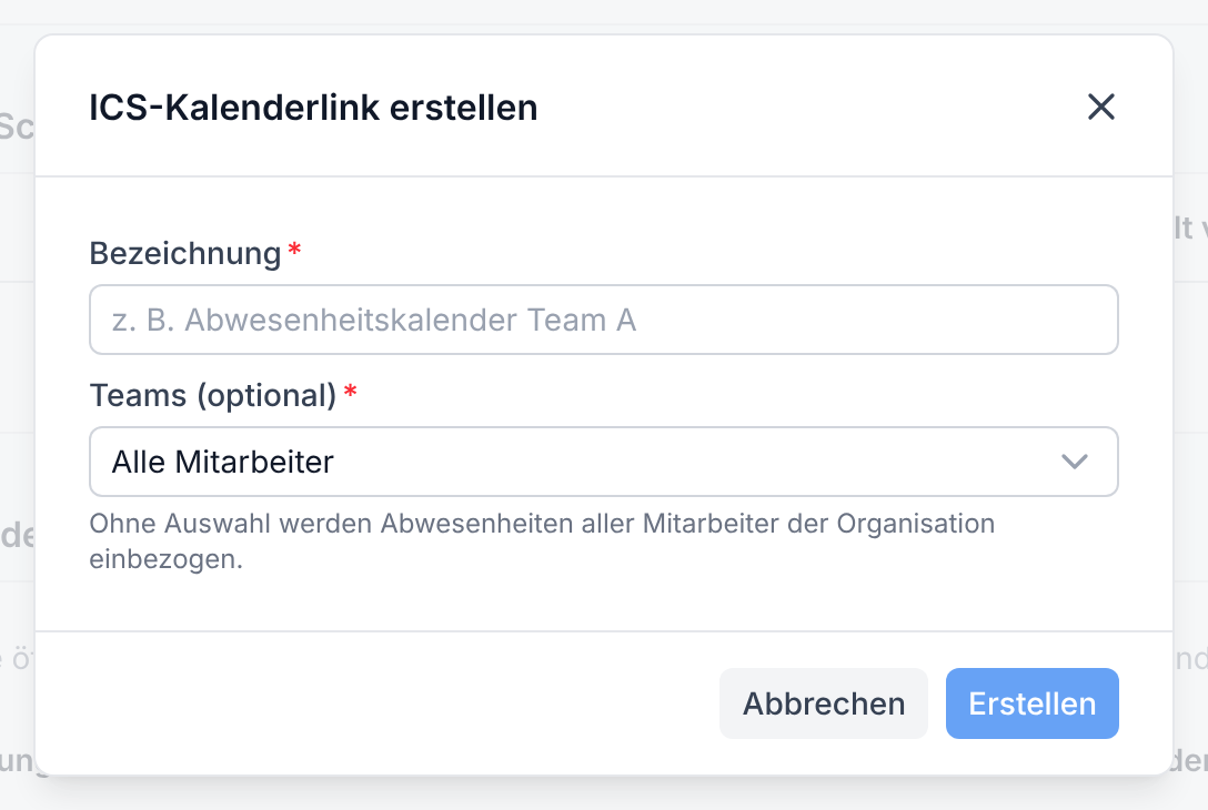 Der Dialog ICS-Kalenderlink erstellen mit den Feldern Bezeichnung und Teams