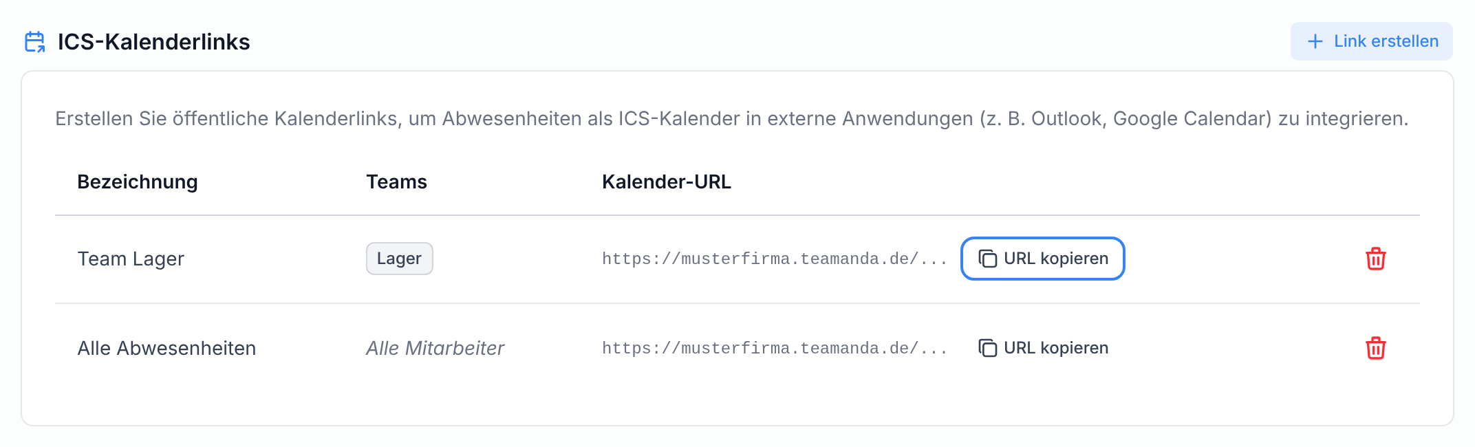 Die Liste der ICS-Kalenderlinks mit der Schaltfläche URL kopieren