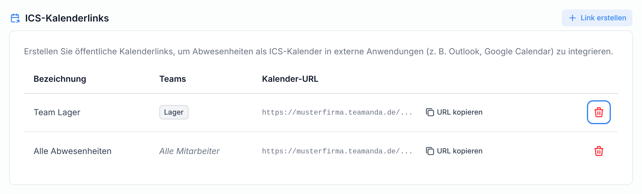 Die Zeile eines ICS-Kalenderlinks mit dem Symbol zum Löschen