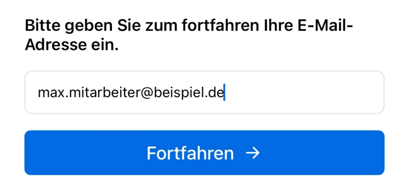 Der erste Bildschirm der App mit dem Feld für die E-Mail-Adresse und der Schaltfläche Fortfahren