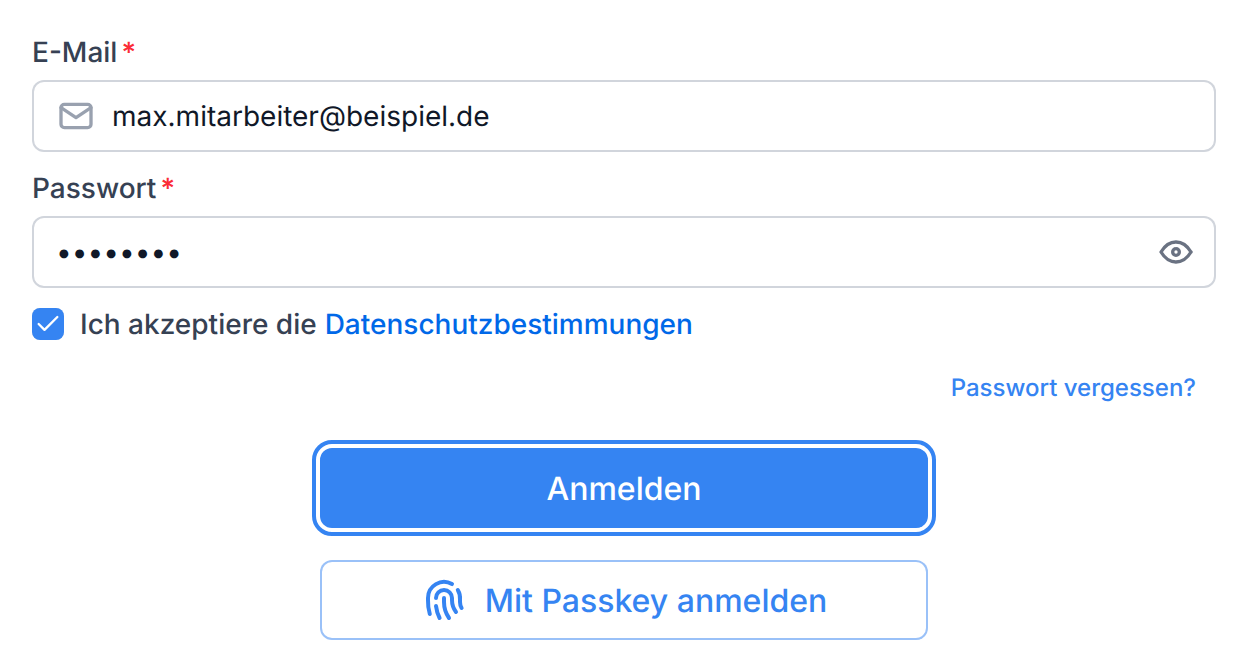 Die Anmeldeseite mit den Feldern E-Mail und Passwort und der Schaltfläche Anmelden