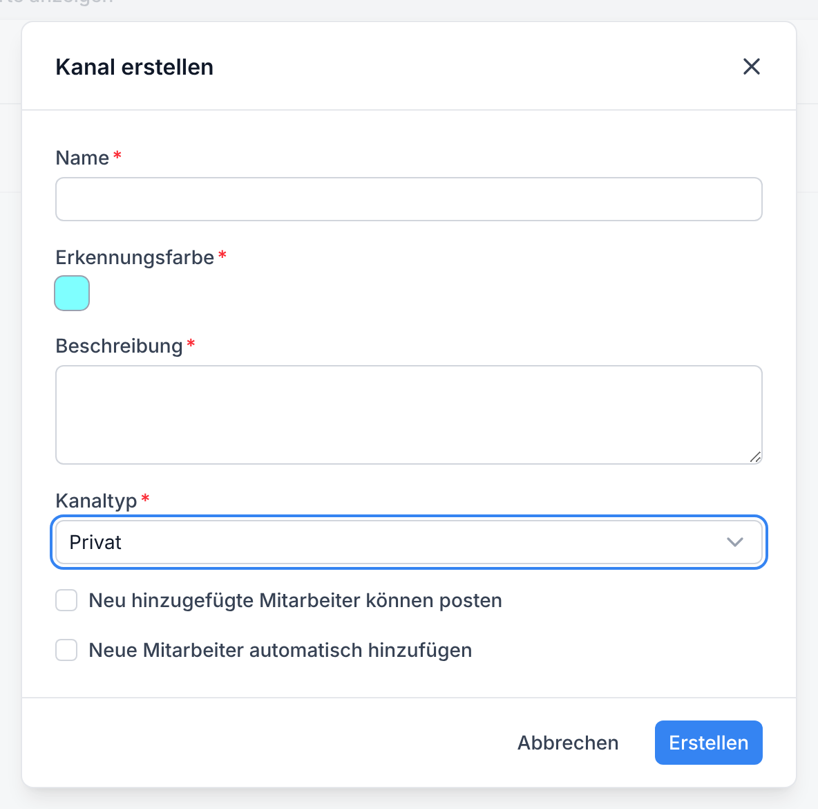 Der Dialog Kanal erstellen mit der Auswahl Kanaltyp
