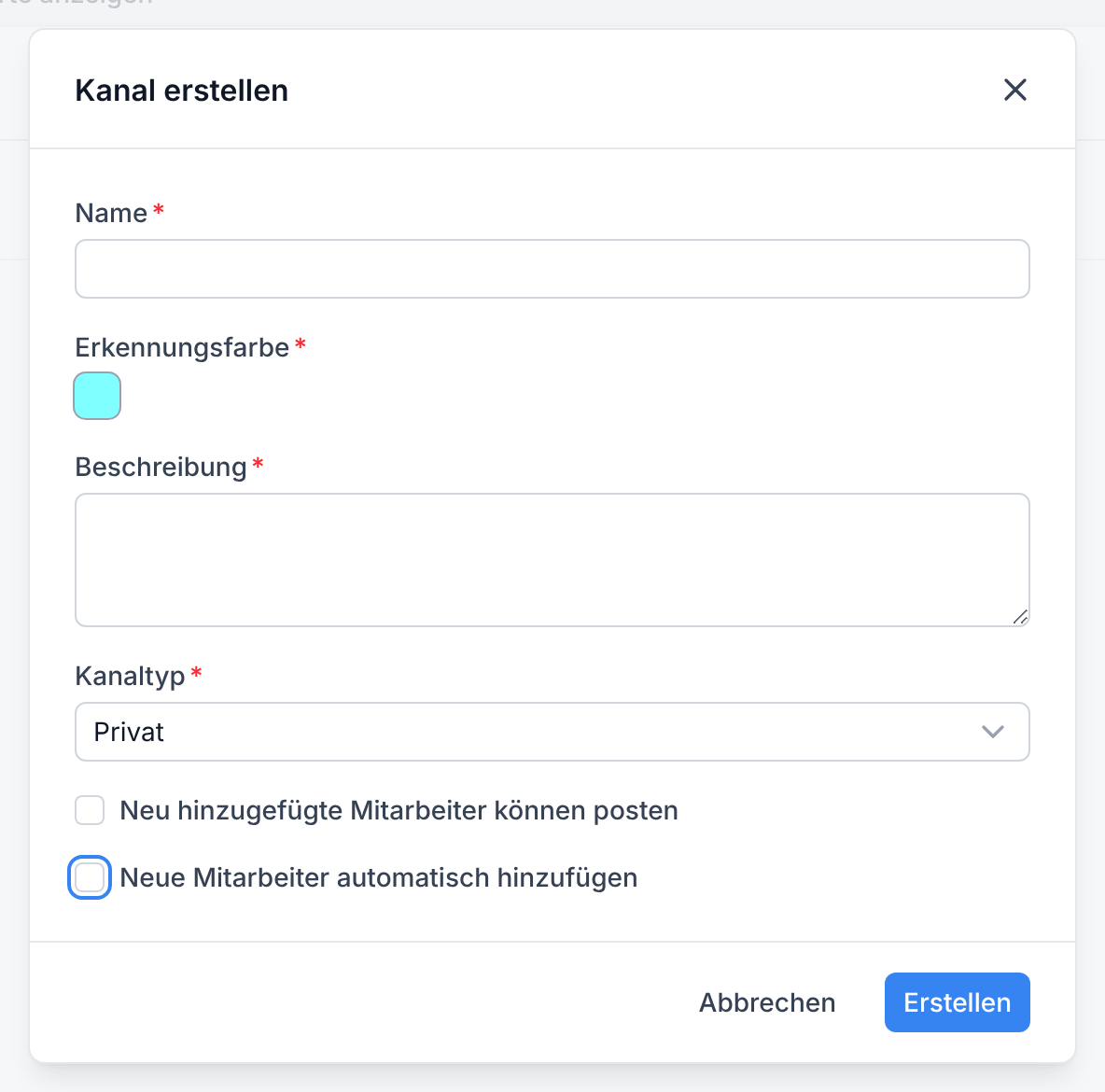 Die Voreinstellung Neue Mitarbeiter automatisch hinzufügen im Dialog