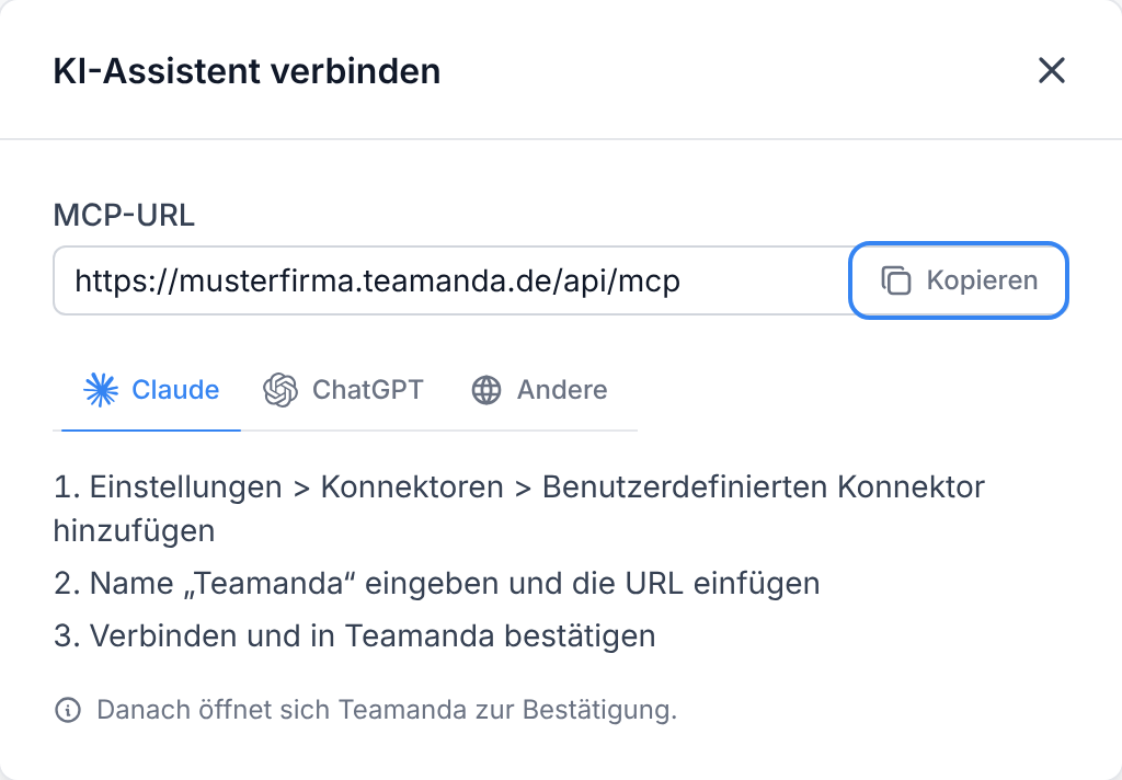 Das Fenster KI-Assistent verbinden mit der MCP-URL und der Schaltfläche Kopieren