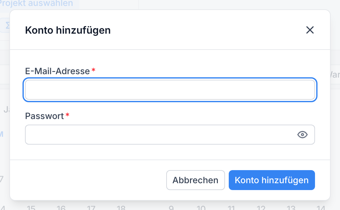 Das Fenster Konto hinzufügen mit den Feldern E-Mail-Adresse und Passwort