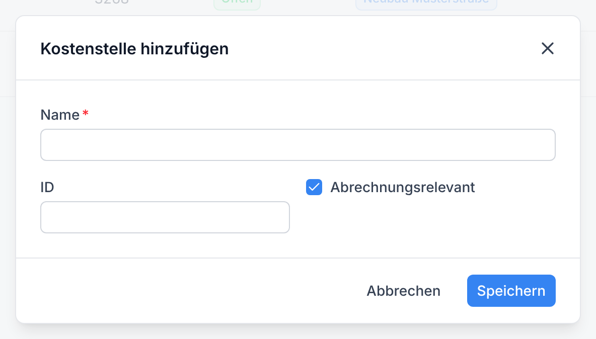 Das Fenster Kostenstelle hinzufügen