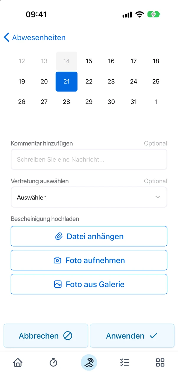 Die Bescheinigung im Antrag der App