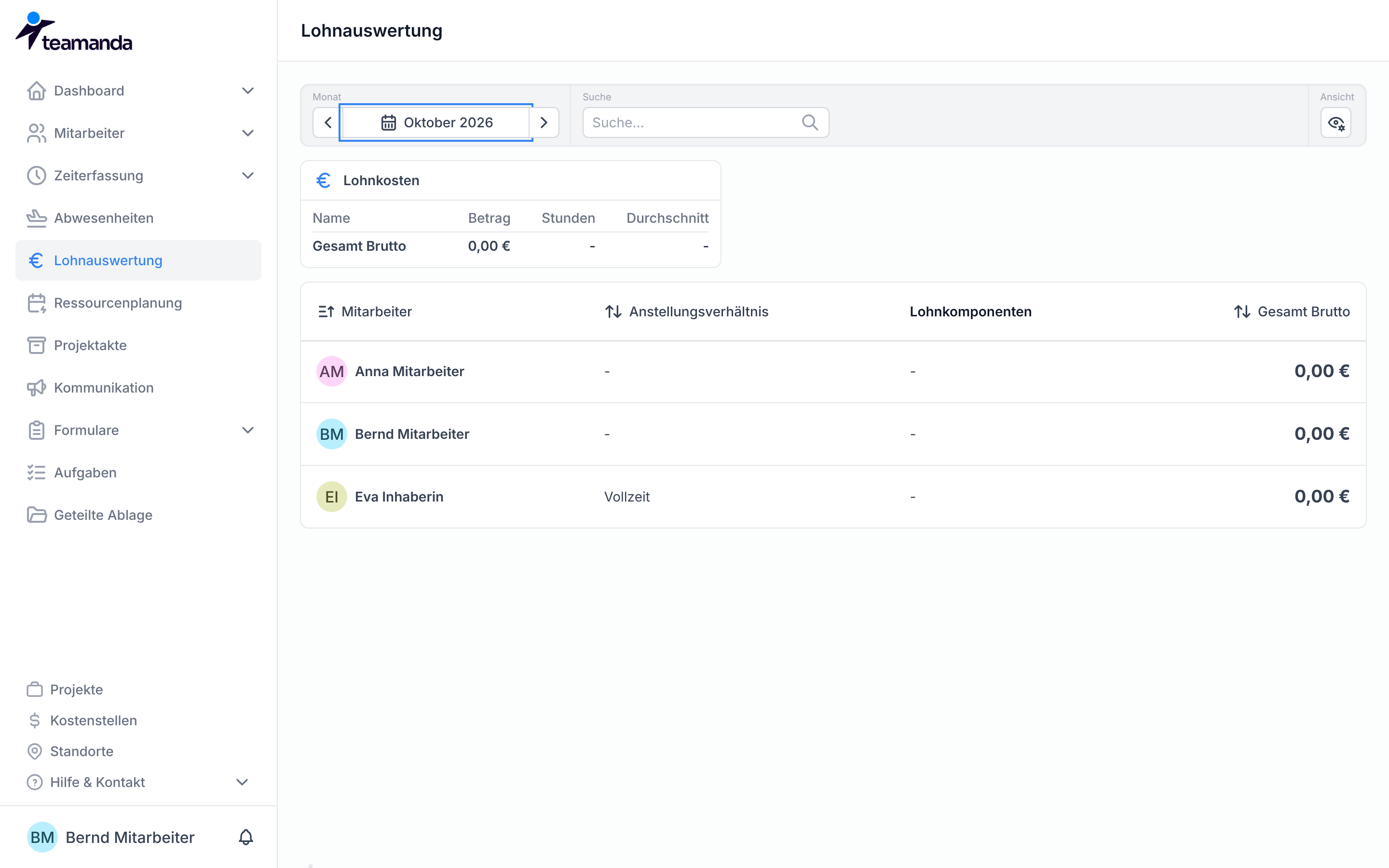 Die Lohnauswertung mit Monat, der Karte Lohnkosten und der Tabelle der Mitarbeiter