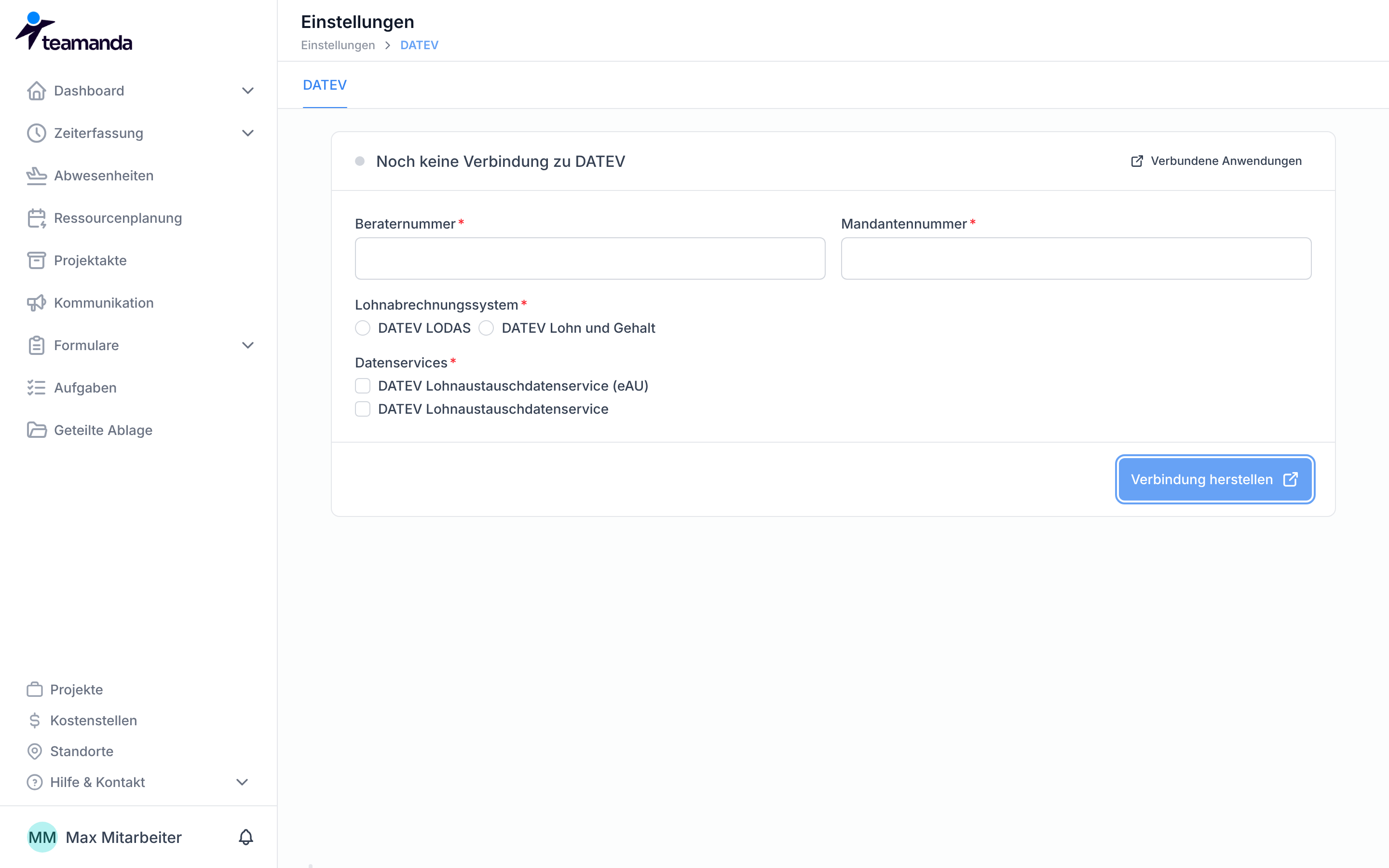 Die DATEV-Einstellungen ohne Verbindung