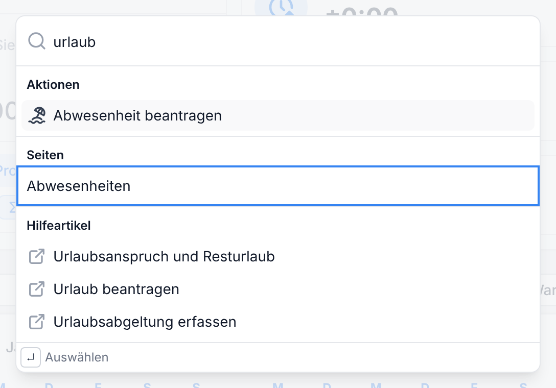 Die Suche mit dem Begriff urlaub, der Aktion Abwesenheit beantragen, der Seite Abwesenheiten und passenden Hilfeartikeln