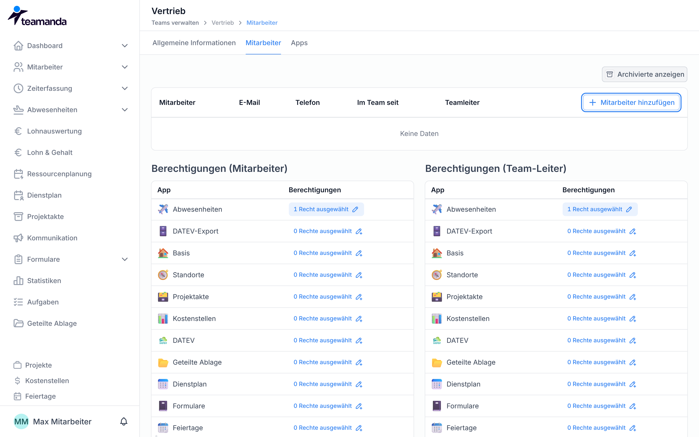 Der Tab Mitarbeiter eines Teams mit der Schaltfläche Mitarbeiter hinzufügen