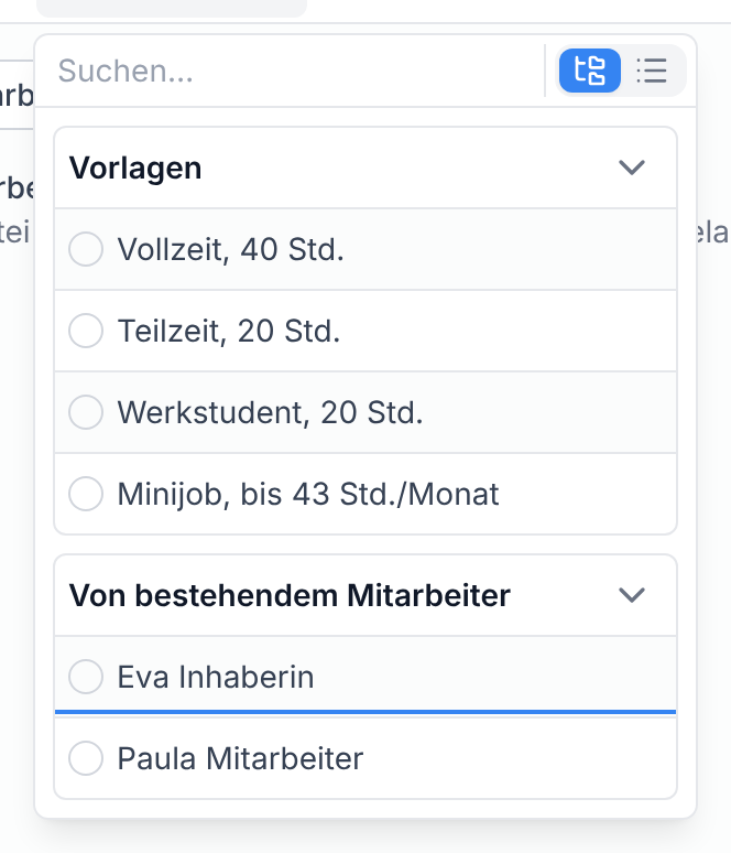 Die Gruppe Von bestehendem Mitarbeiter in der Vertragsauswahl
