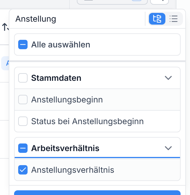 Die Spaltenauswahl mit der Spalte Anstellungsverhältnis