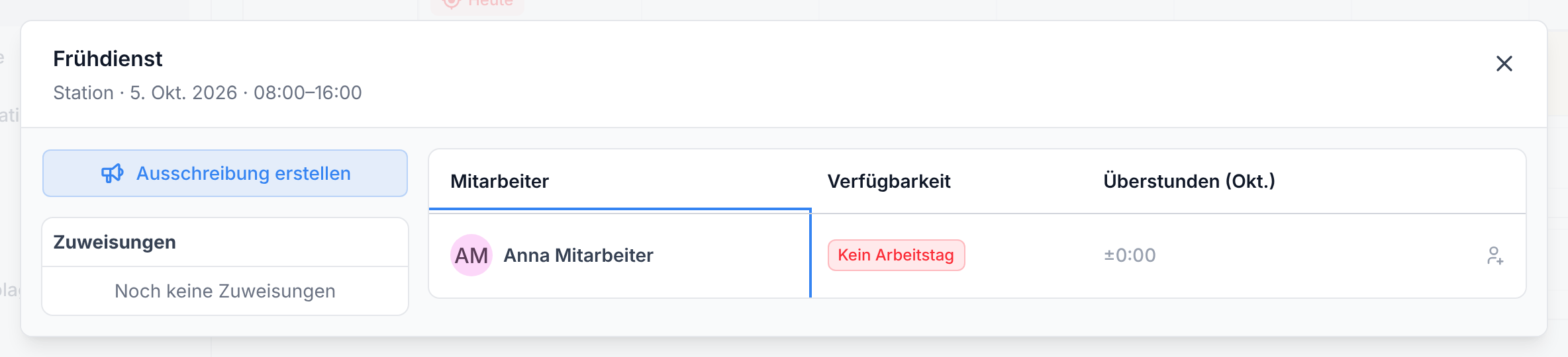 Der Dialog Frühdienst mit der Liste der Mitarbeiter und ihrer Verfügbarkeit