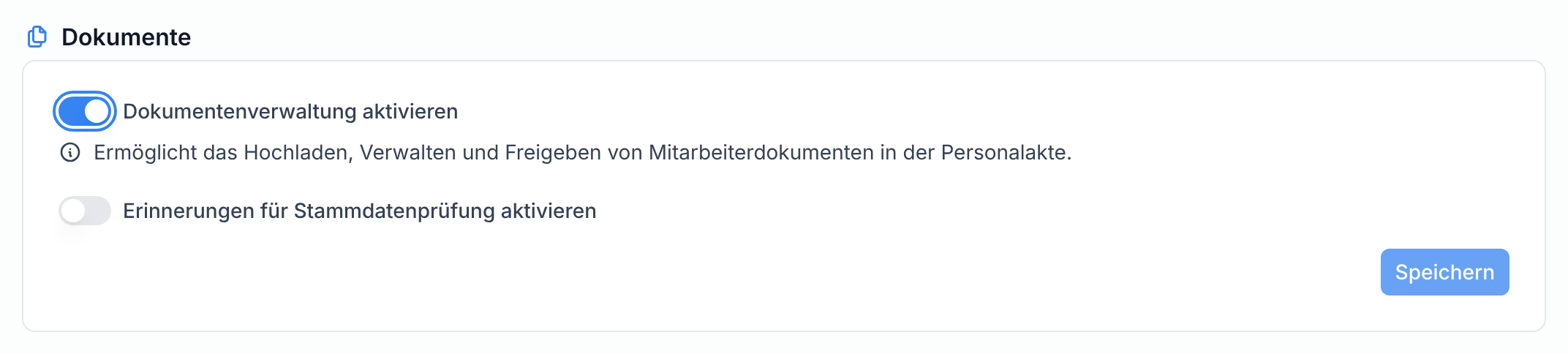 Die Karte Dokumente mit den beiden Schaltern