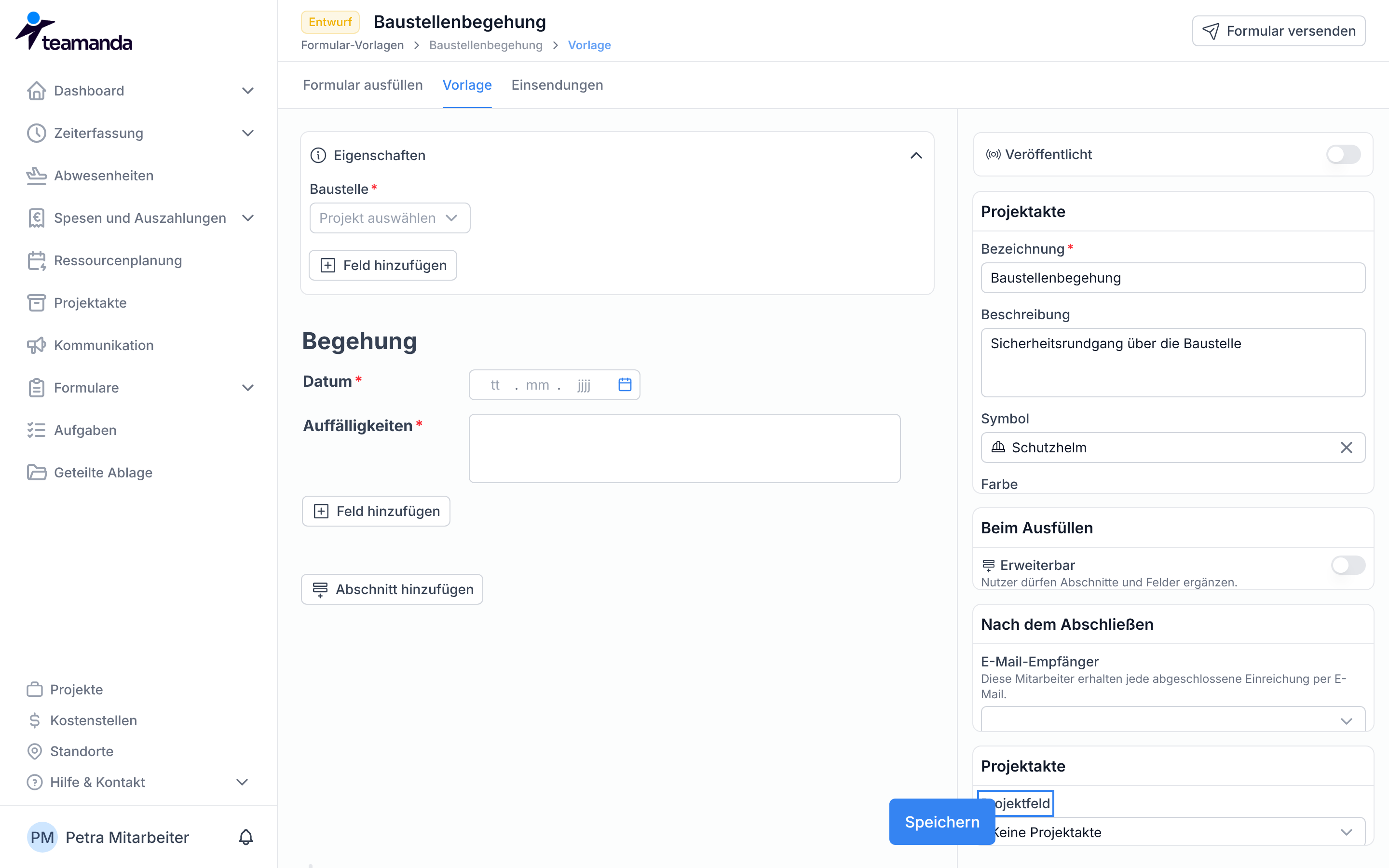 Die rechte Seitenleiste mit dem Eintrag Projektfeld