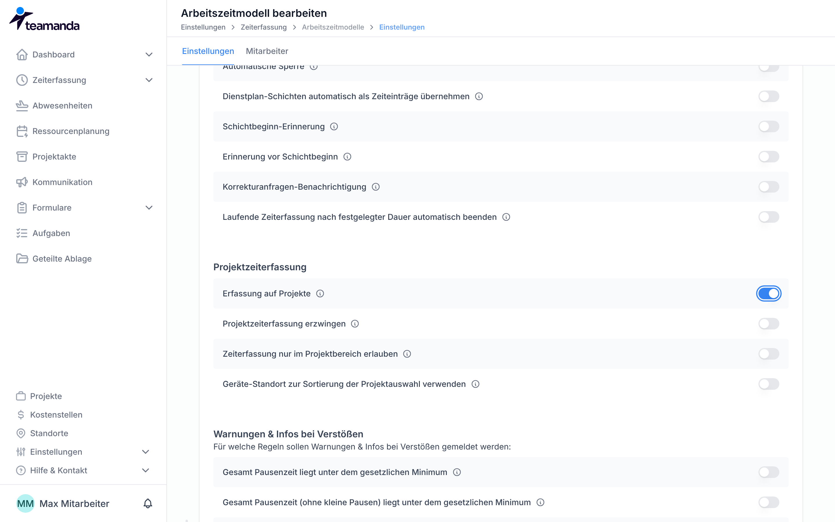 Der Bereich Projekte in den Regeln des Arbeitszeitmodells