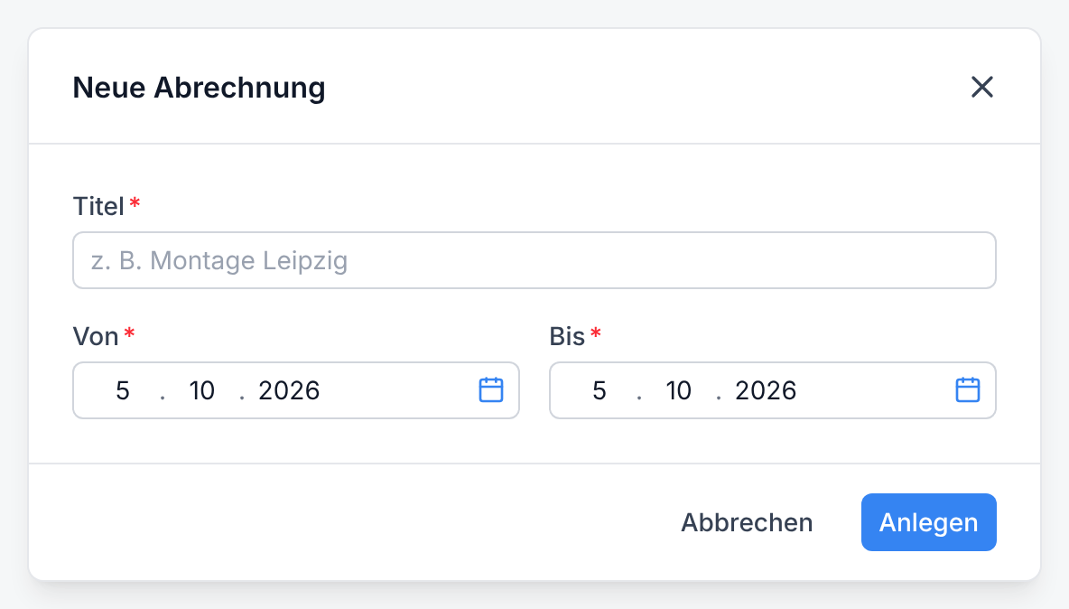 Das Fenster Neue Abrechnung