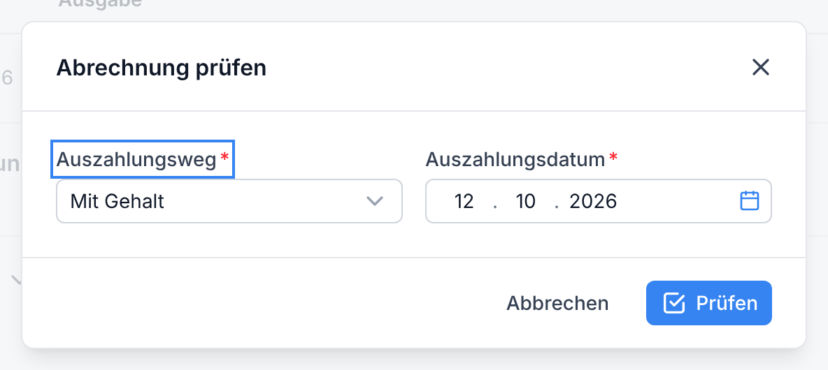 Das Fenster Abrechnung prüfen mit Auszahlungsweg und Auszahlungsdatum