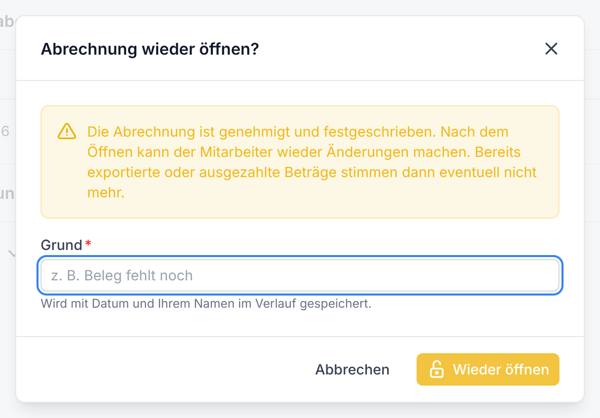 Das Fenster Abrechnung wieder öffnen mit dem Feld Grund