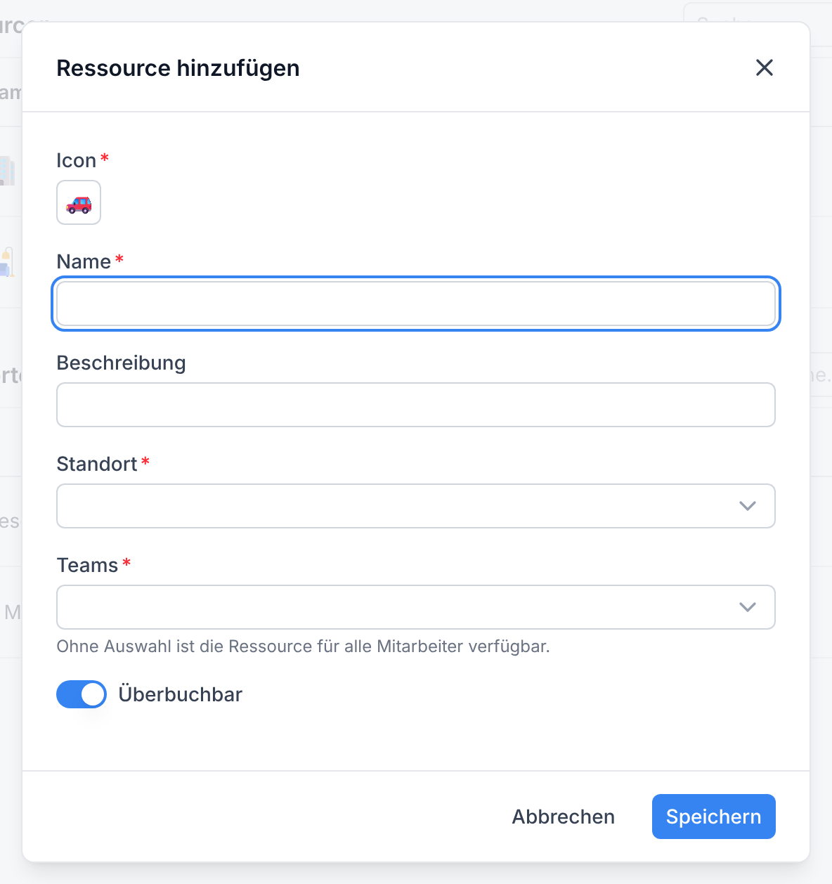 Der Dialog Ressource hinzufügen mit den leeren Feldern