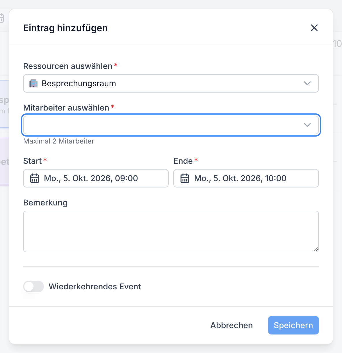 Der Dialog Eintrag hinzufügen mit dem leeren Feld Mitarbeiter auswählen