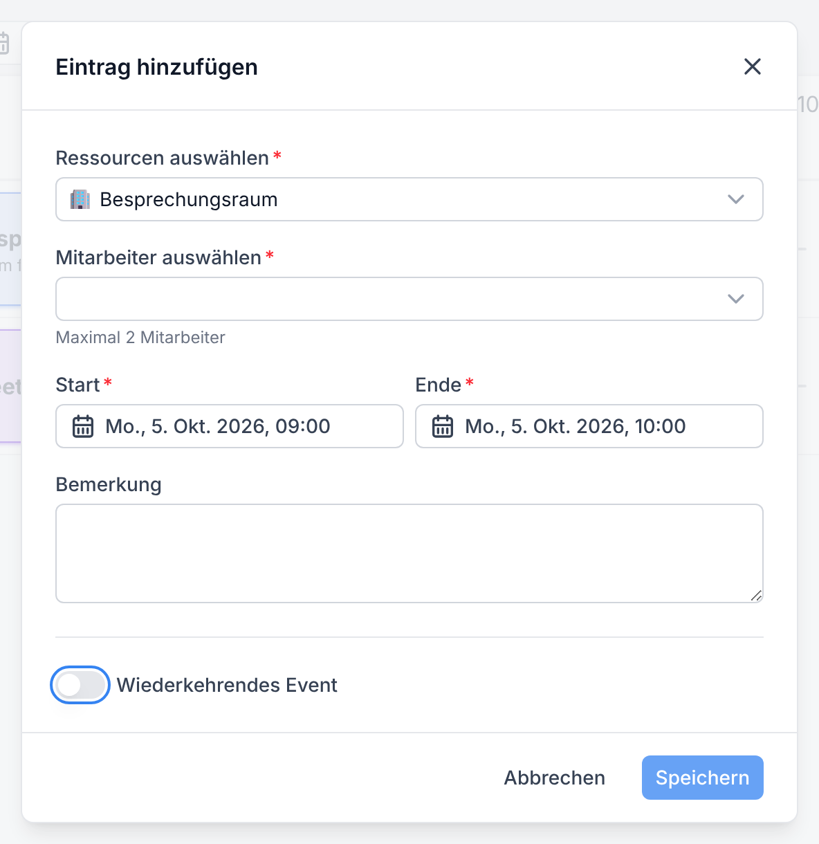 Der Dialog Eintrag hinzufügen mit dem Schalter Wiederkehrendes Event