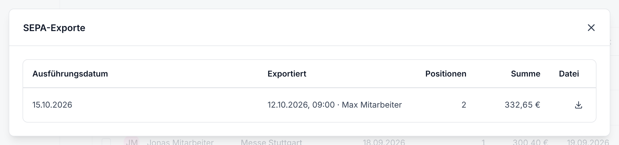 Die Liste SEPA-Exporte