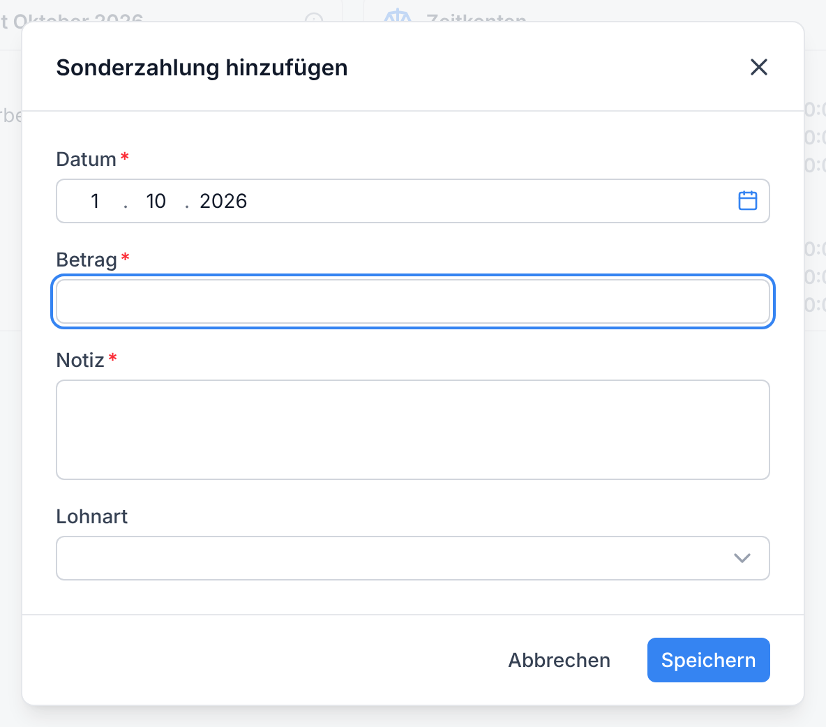 Der Dialog Sonderzahlung hinzufügen