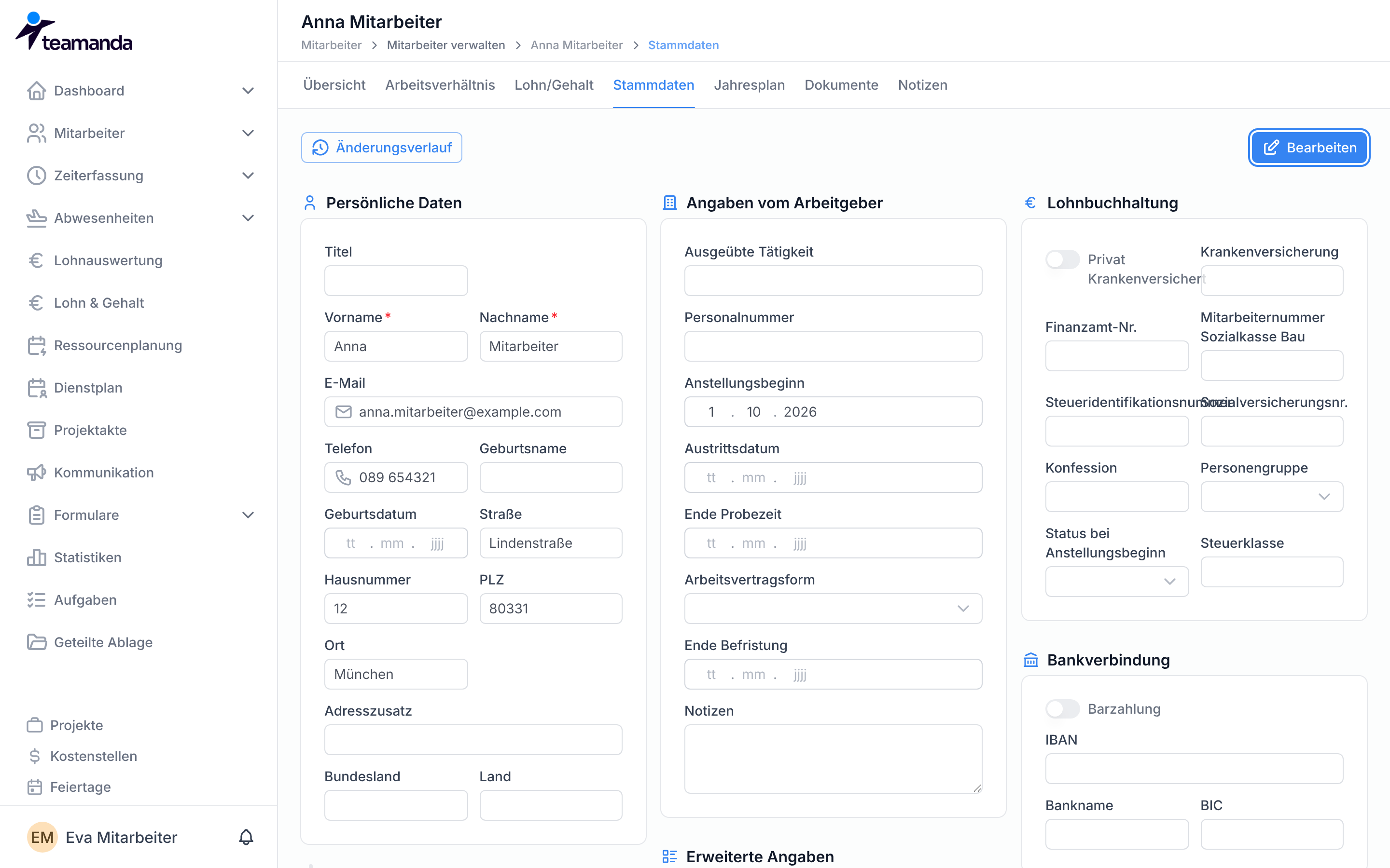 Der Tab Stammdaten eines Mitarbeiters mit der Schaltfläche Bearbeiten