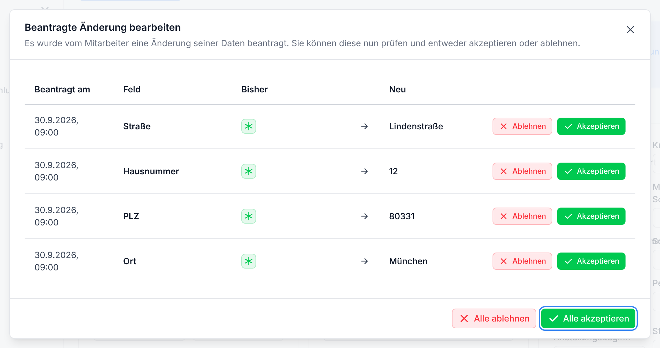 Der Dialog Beantragte Änderung bearbeiten