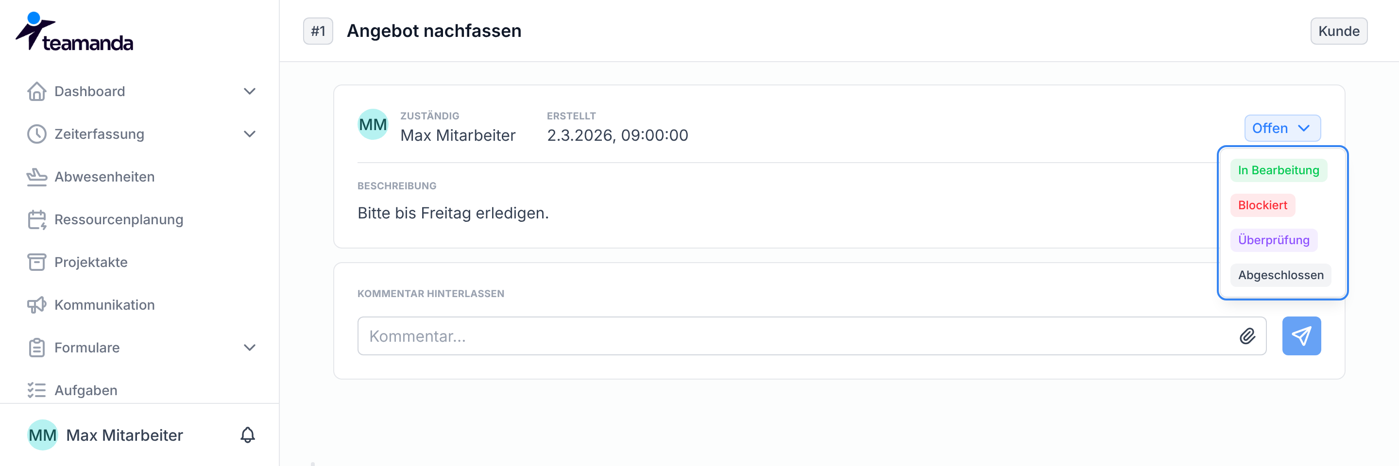 Die geöffnete Statusauswahl einer Aufgabe
