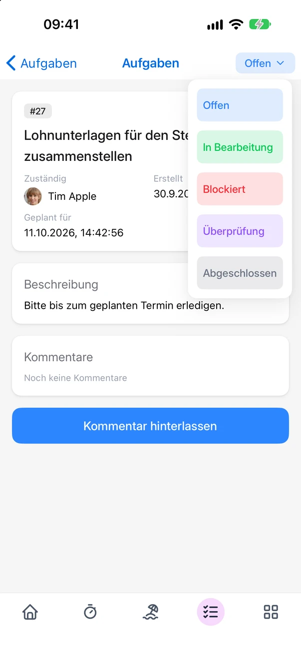 Die geöffnete Statusauswahl einer Aufgabe in der App