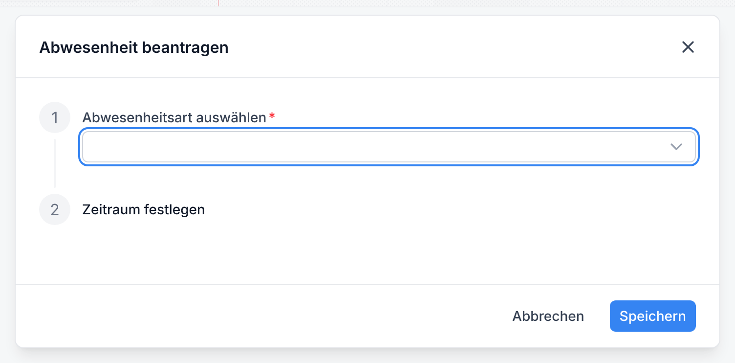 Der leere Antrag mit dem Feld Abwesenheitsart auswählen