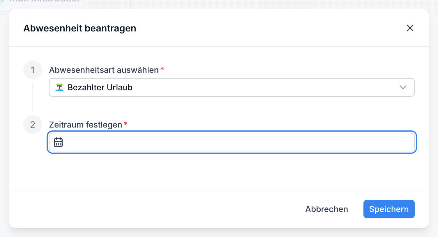 Der Antrag mit Bezahlter Urlaub und dem leeren Feld Zeitraum festlegen