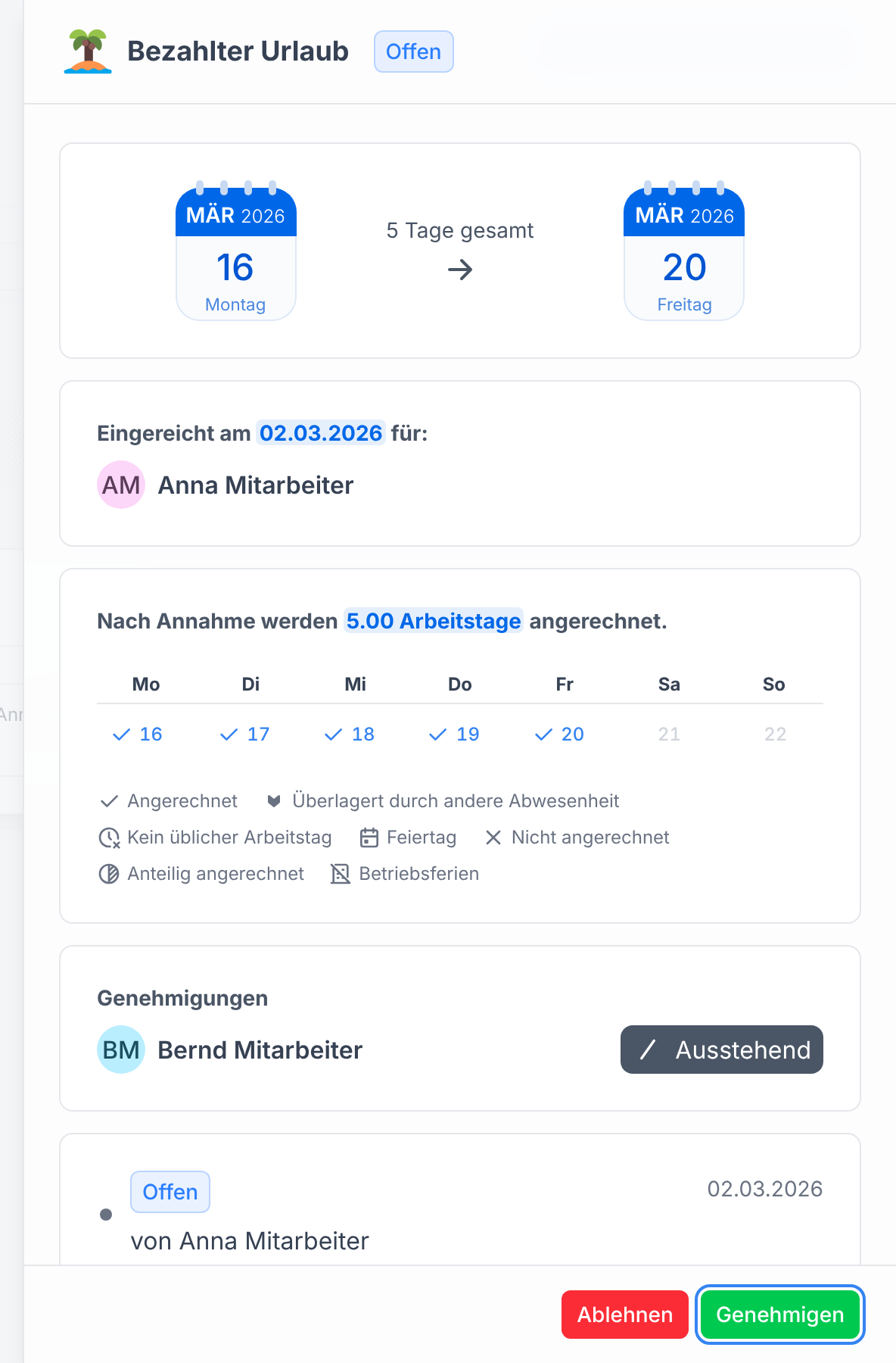 Die Antragsdetails mit der Schaltfläche Genehmigen