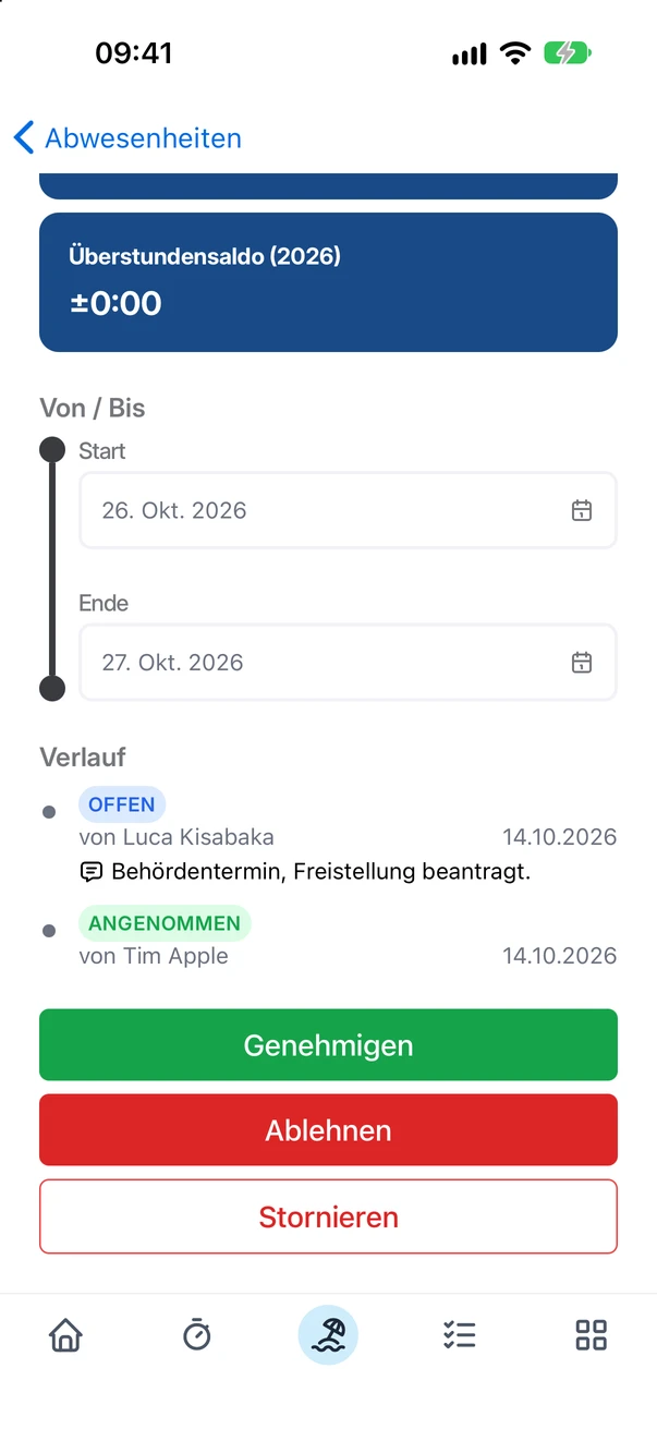 Die Antragsdetails in der App mit Genehmigen und Ablehnen