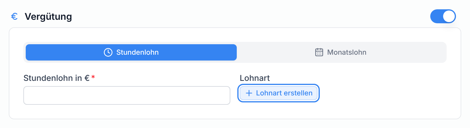 Vergütung mit leerer Lohnart und der Schaltfläche Lohnart erstellen