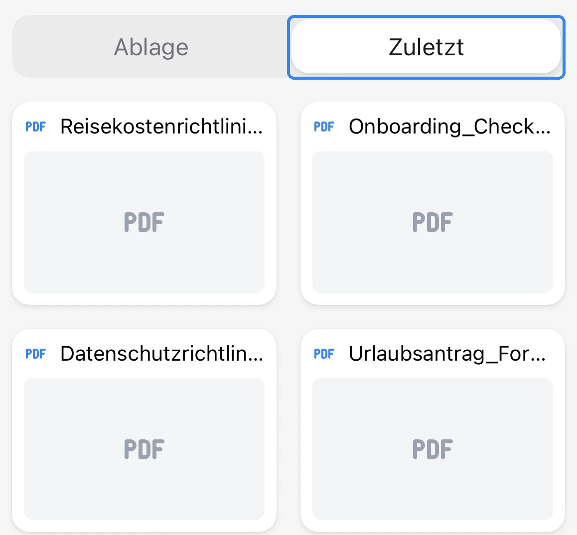 Die Geteilte Ablage in der App mit ausgewähltem Reiter Zuletzt und den neuesten Dateien