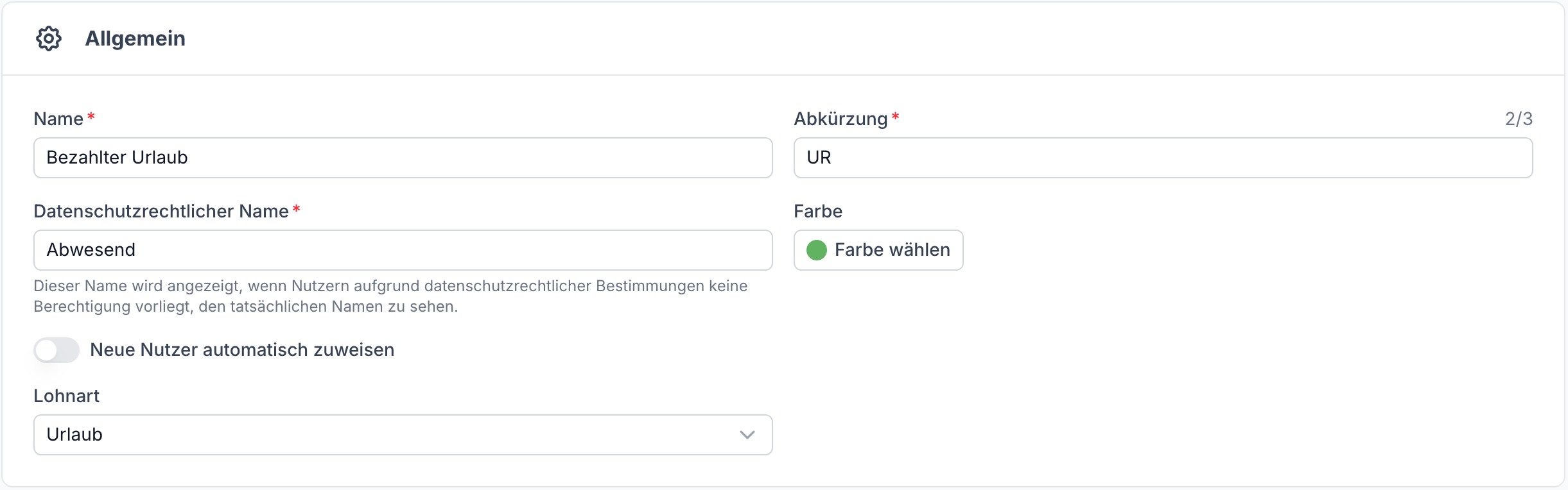 Abwesenheitsart Einstellungen Allgemein