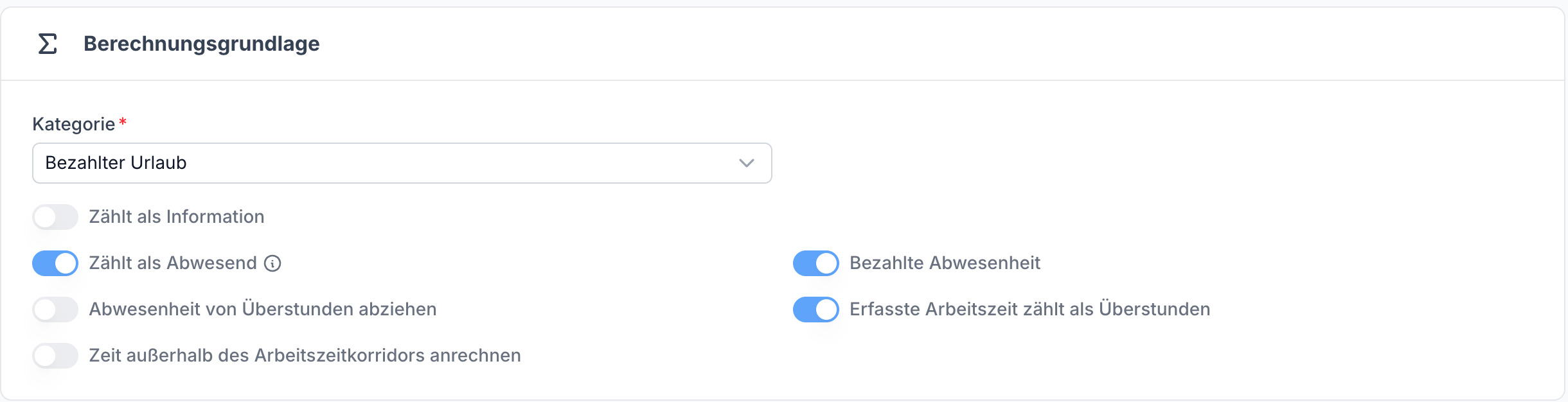 Abwesenheitsart Einstellungen Berechnungsgrundlage