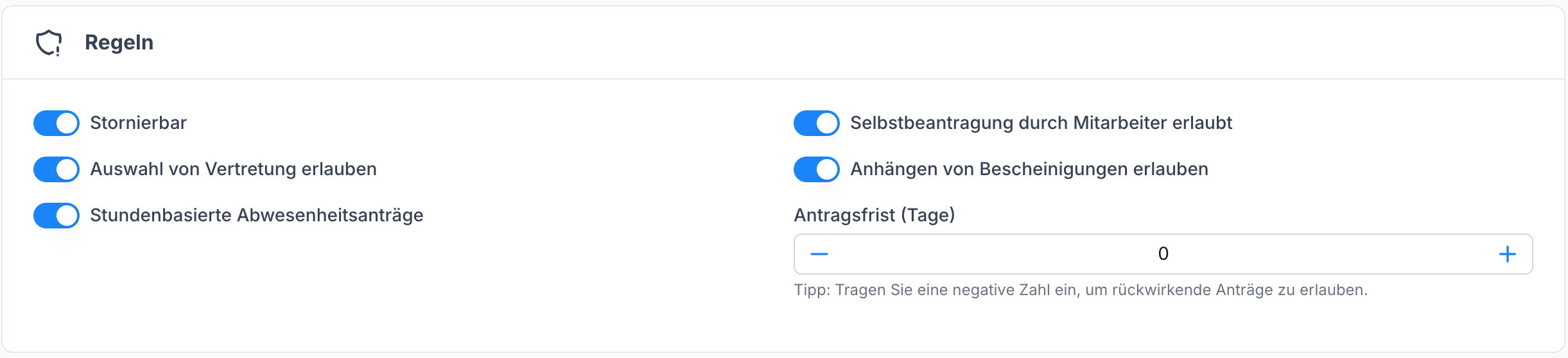 Abwesenheitsart Einstellungen Regeln